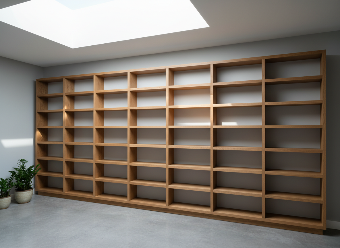 A sleek, custom-built shelving unit crafted from high-grade matte oak, with uniform shelf spacing, seamless joints, and soft-edged contours. The unit is installed against a light gray painted wall in a modern showroom, surrounded by an uncluttered environment with a polished concrete floor. Diffused daylight streams in from a skylight above, casting soft lines and subtle, elongated shadows. The mood is calm, professional, and inviting, emphasizing craftsmanship and attention to detail. Photographed from a slightly elevated eye-level angle, the composition is balanced and symmetric, showcasing the shelving's structural integrity in sharp focus throughout. The artistic style is clean, minimalist, and photographic, perfectly aligning with a corporate, professional aesthetic for custom shelving.