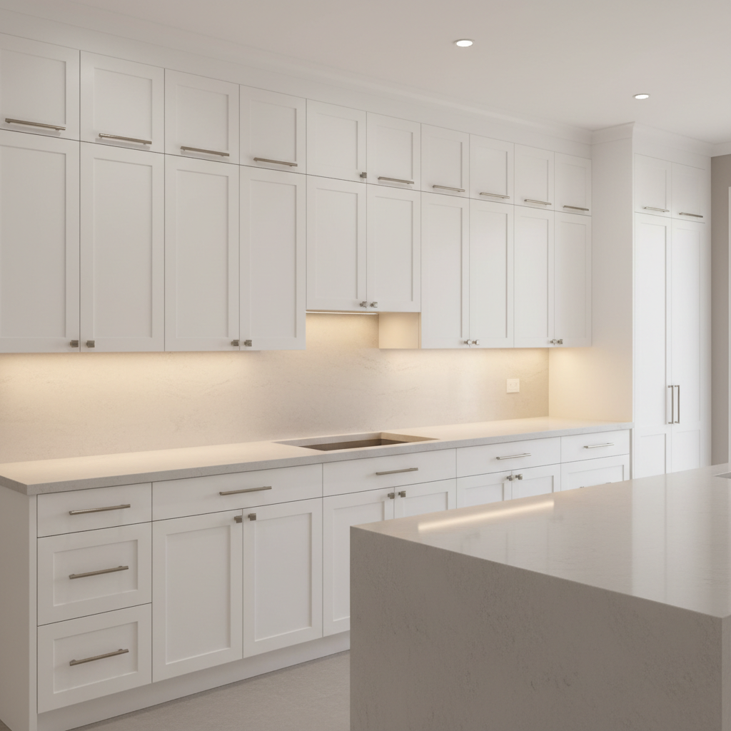 An array of contemporary kitchen cabinets in satin-finish white lacquer with brushed stainless steel handles and ultra-smooth, flush faces, precisely installed along a neutral stone backsplash. The scene unfolds in a pristine, open-plan kitchen with a spacious quartz island and discrete built-in lighting under each cabinet. Warm, soft studio lighting highlights the cabinetry's sleek surfaces while gentle shadows fall beneath, enhancing depth and dimension. The mood is orderly, fresh, and sophisticated. Captured at a slightly oblique angle with a structured layout and balanced framing, every panel and line is crisp. The photographic realism and corporate clarity reinforce the professionalism of custom cabinet installation.